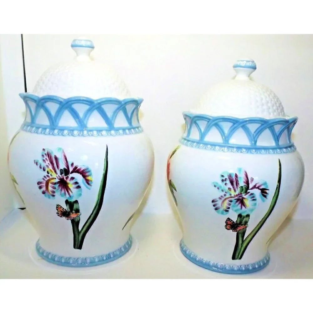 Raymond Waites Hampton Garden 2 Vintage Canisters W/Lids white blue floral
